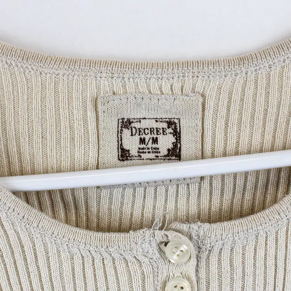 Decree Women's Beige Ribbed Knit Henley Long Sleeve Top Medium Y2K 