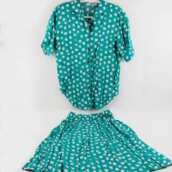 By Krush 1980s Vintage Teal Green White Skirt Top Set Women's L
