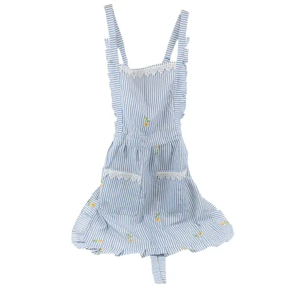 Blue White Striped Floral Apron with Lace Trim OSFM