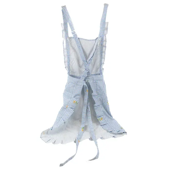 Blue White Striped Floral Apron with Lace Trim OSFM