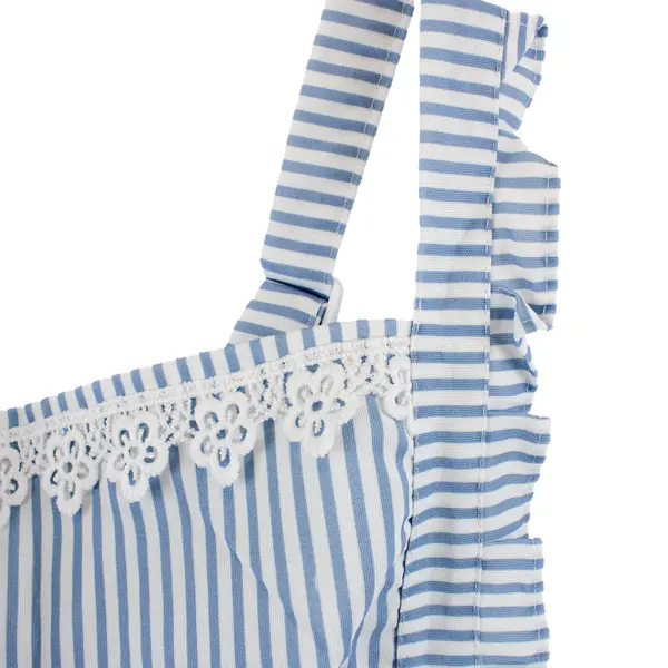 Blue White Striped Floral Apron with Lace Trim OSFM