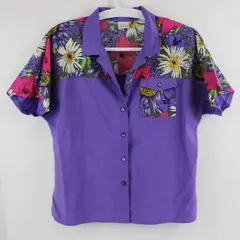 Pykettes Women's Vintage 1980s Purple Floral Button-Up Blouse Size 14 FLAWED