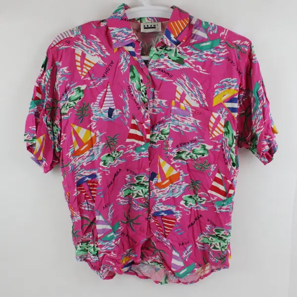 Women's Vintage Hawaiian Shirt Size 14 Pink Sailboat Print FLAWED