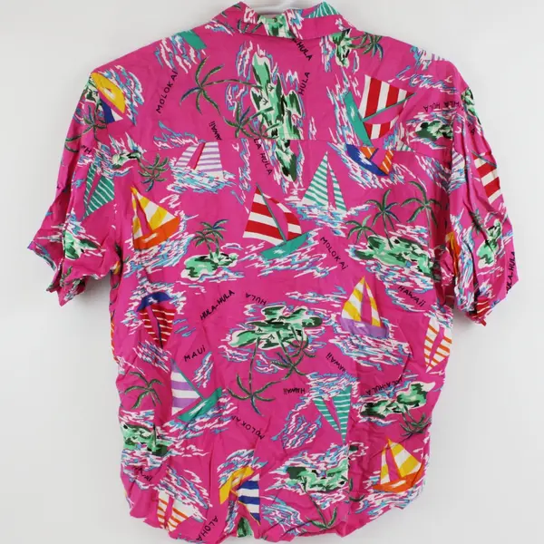 Women's Vintage Hawaiian Shirt Size 14 Pink Sailboat Print FLAWED