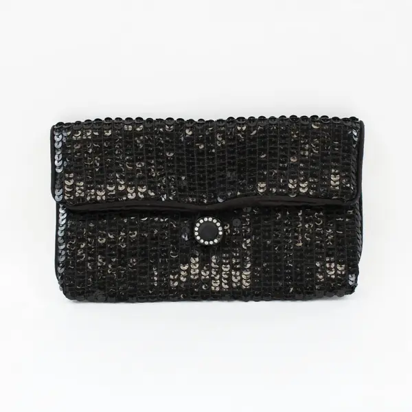 Vintage Norell Black Sequin Evening Clutch Purse Rhinestone Clasp