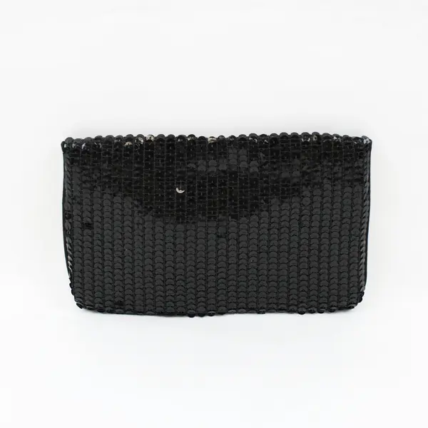 Vintage Norell Black Sequin Evening Clutch Purse Rhinestone Clasp
