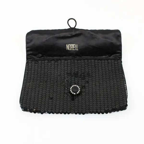 Vintage Norell Black Sequin Evening Clutch Purse Rhinestone Clasp