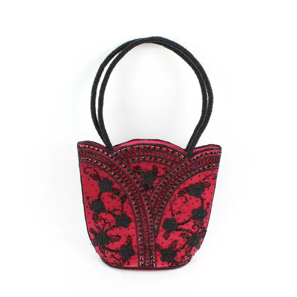 Unbranded Red Satin Handbag with Black Floral Beading 9in Tall
