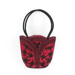 Unbranded Red Satin Handbag with Black Floral Beading 9in Tall