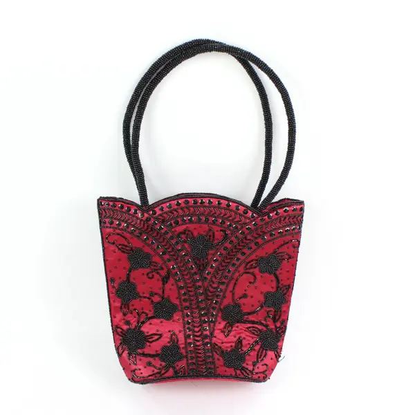 Unbranded Red Satin Handbag with Black Floral Beading 9in Tall