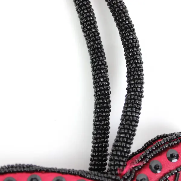 Unbranded Red Satin Handbag with Black Floral Beading 9in Tall