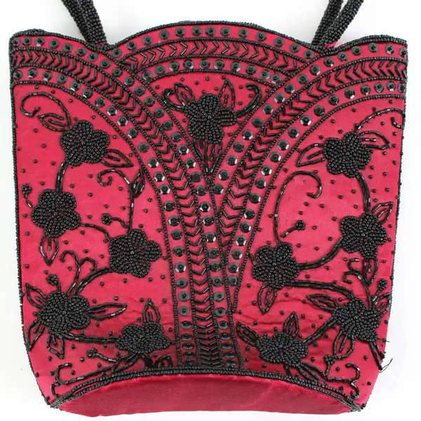 Unbranded Red Satin Handbag with Black Floral Beading 9in Tall