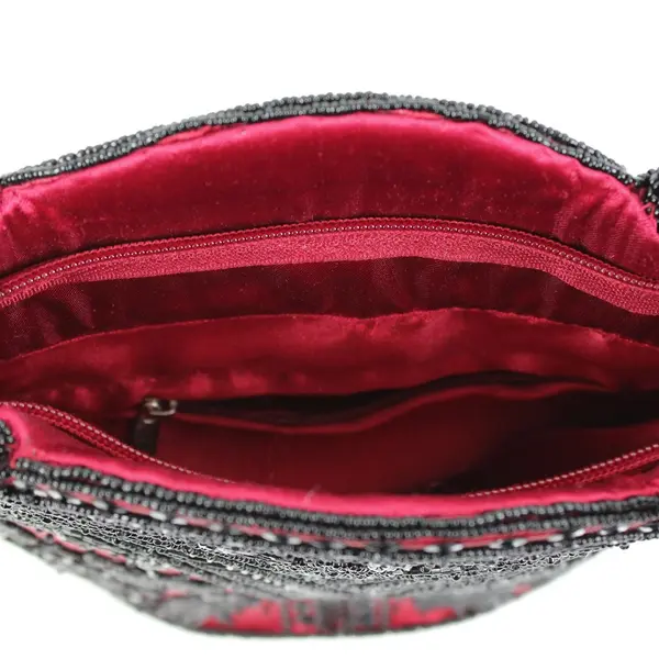 Unbranded Red Satin Handbag with Black Floral Beading 9in Tall