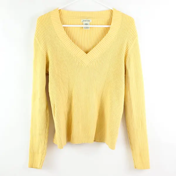 St. John's Bay Women's Yellow Ribbed V-Neck Long Sleeve Top L