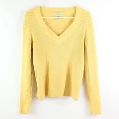 St. John's Bay Women's Yellow Ribbed V-Neck Long Sleeve Top L