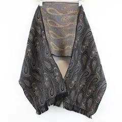 Beige Blue Black Paisley Fringed Scarf Women's Wrap 11x49