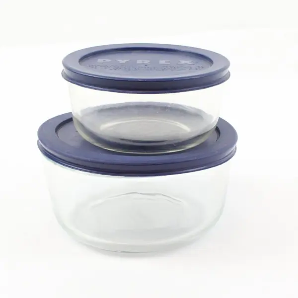 Lot of 2 Pyrex Round Glass Food Storage Containers Navy Blue Lids 470ml 950ml