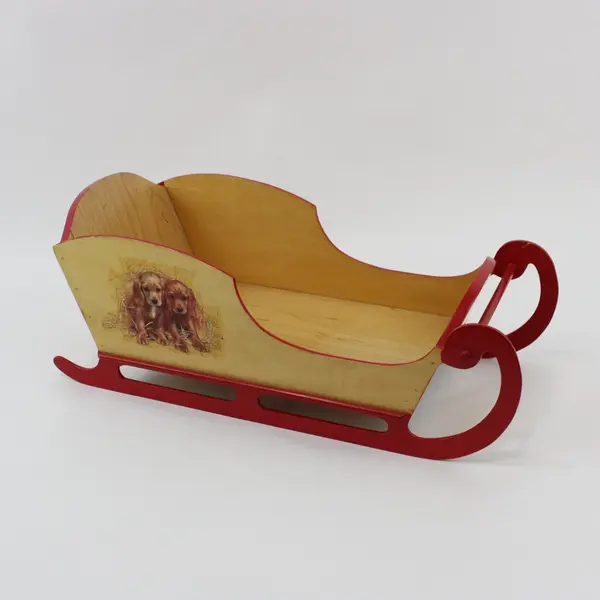 Wooden Christmas Sleigh Tabletop Decor Puppy Decal Red Runners 14.5" Long