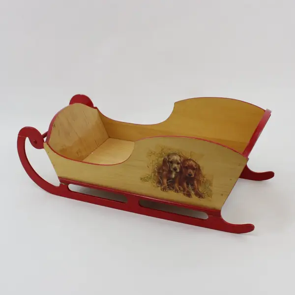 Wooden Christmas Sleigh Tabletop Decor Puppy Decal Red Runners 14.5" Long