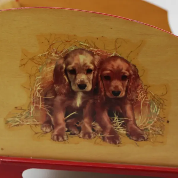 Wooden Christmas Sleigh Tabletop Decor Puppy Decal Red Runners 14.5" Long