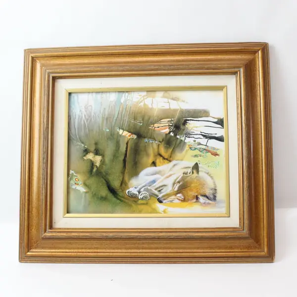 D. Wood Framed Fox Watercolor Woodland Artwork 15.5 x 14 in
