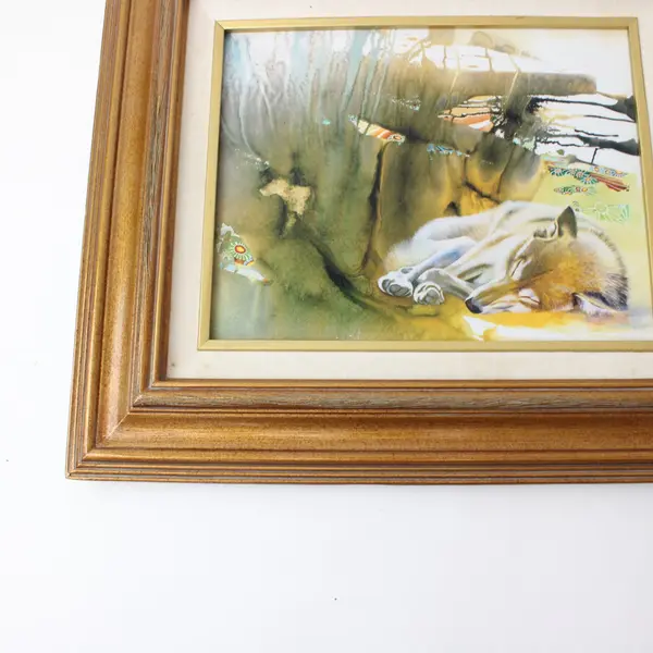 D. Wood Framed Fox Watercolor Woodland Artwork 15.5 x 14 in