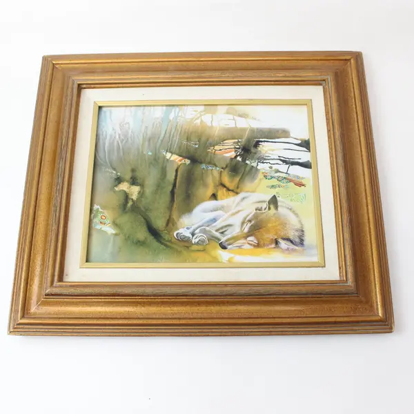 D. Wood Framed Fox Watercolor Woodland Artwork 15.5 x 14 in