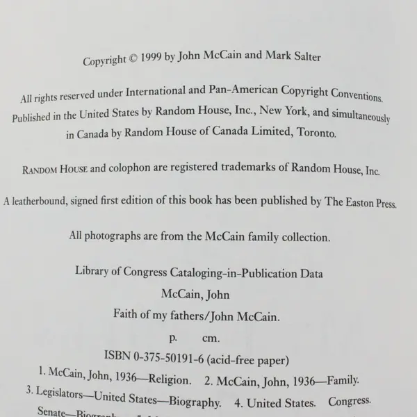 Faith of My Fathers John McCain With Mark Salter Hardcover Memoir