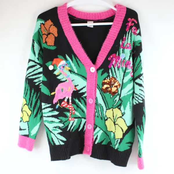 Holiday Time Fa La La Mingo Flamingo Christmas Cardigan Women's Large 12-14