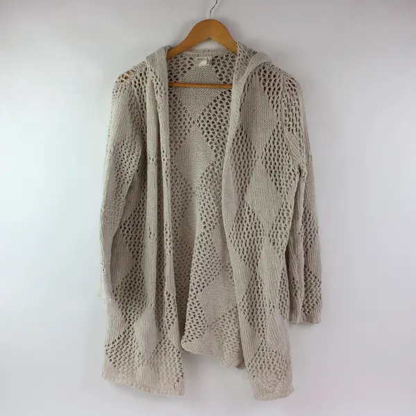Nicole Miller Artelier Diamond Crochet Hooded Cardigan Women's M Natural
