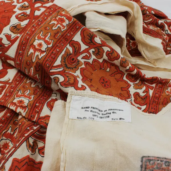 Karavan Trading Co Cotton Twin Flat Sheet Off White Orange Hand Printed Flawed