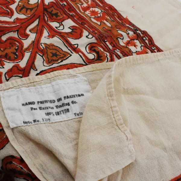 Karavan Trading Co Cotton Twin Flat Sheet Off White Orange Hand Printed Flawed