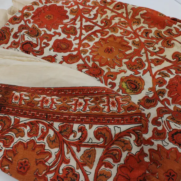 Karavan Trading Co Cotton Twin Flat Sheet Off White Orange Hand Printed Flawed