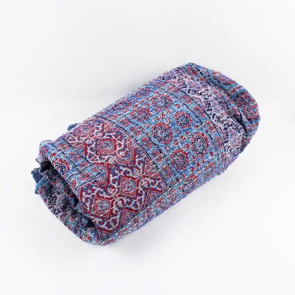 Blue Red White Ornate Pattern w/ Dashed Stitch Tablecloth 87.5 x 104 in