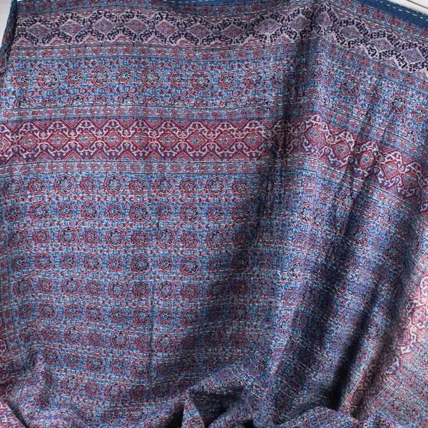 Blue Red White Ornate Pattern w/ Dashed Stitch Tablecloth 87.5 x 104 in