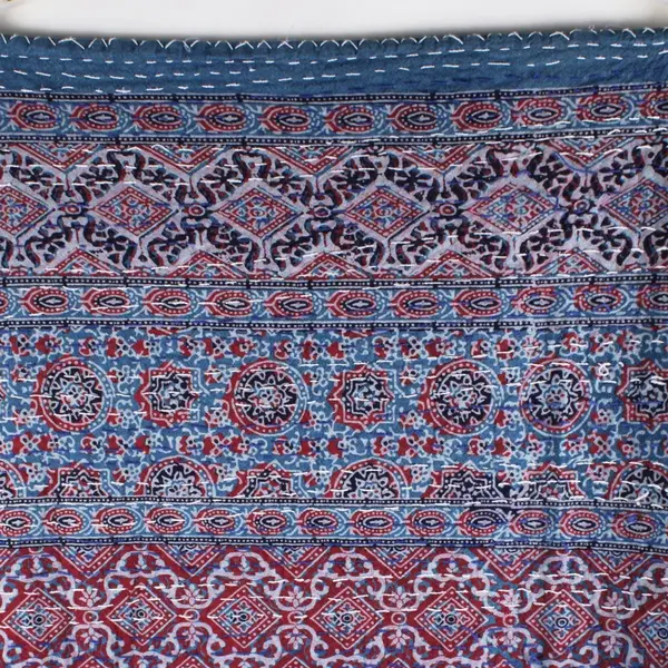 Blue Red White Ornate Pattern w/ Dashed Stitch Tablecloth 87.5 x 104 in