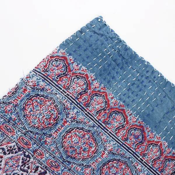 Blue Red White Ornate Pattern w/ Dashed Stitch Tablecloth 87.5 x 104 in