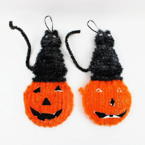 Lot of 2 Halloween Tinsel Pumpkin & Cat Wall Door Decor