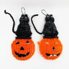 Lot of 2 Halloween Tinsel Pumpkin & Cat Wall Door Decor