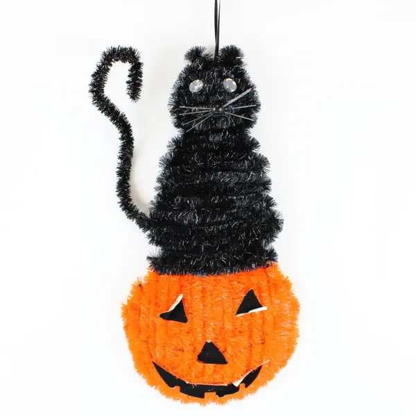 Lot of 2 Halloween Tinsel Pumpkin & Cat Wall Door Decor