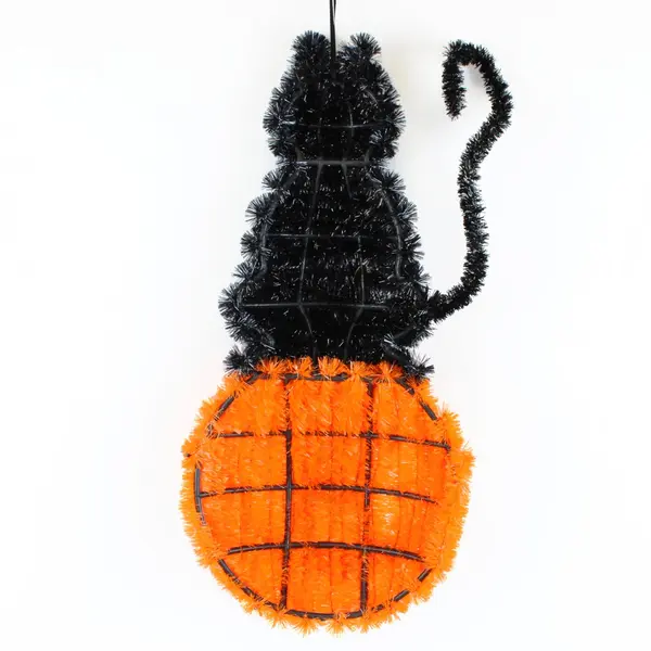 Lot of 2 Halloween Tinsel Pumpkin & Cat Wall Door Decor