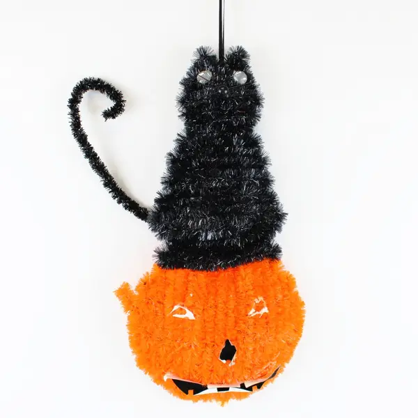 Lot of 2 Halloween Tinsel Pumpkin & Cat Wall Door Decor