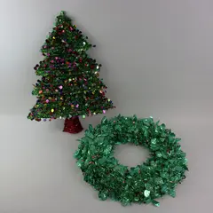 Lot of 2 Green Tinsel Tabletop Christmas Tree & Wreath Sequin Decor