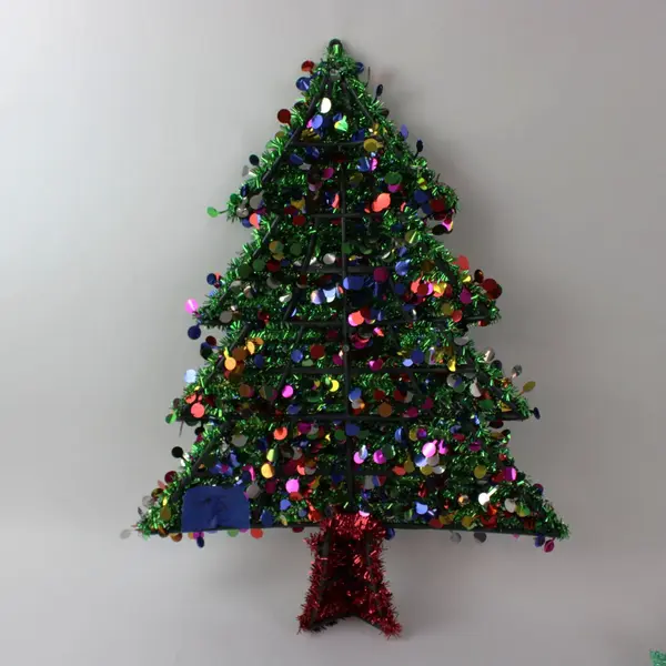 Lot of 2 Green Tinsel Tabletop Christmas Tree & Wreath Sequin Decor