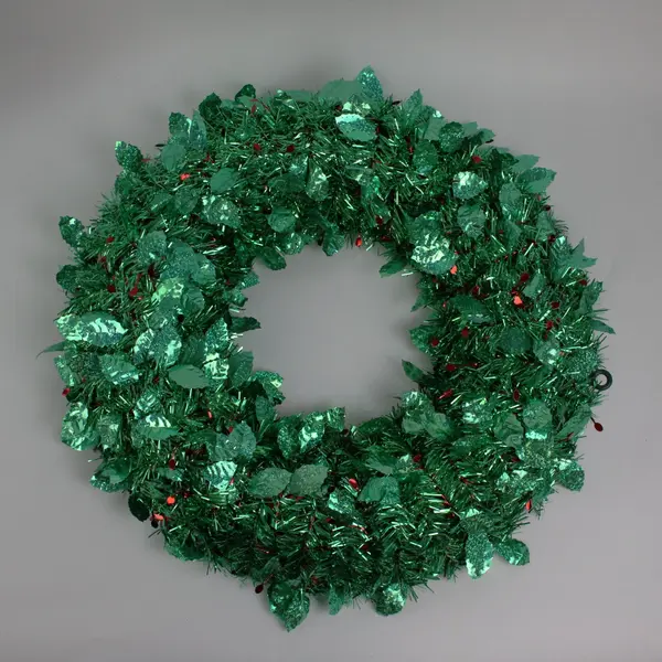 Lot of 2 Green Tinsel Tabletop Christmas Tree & Wreath Sequin Decor