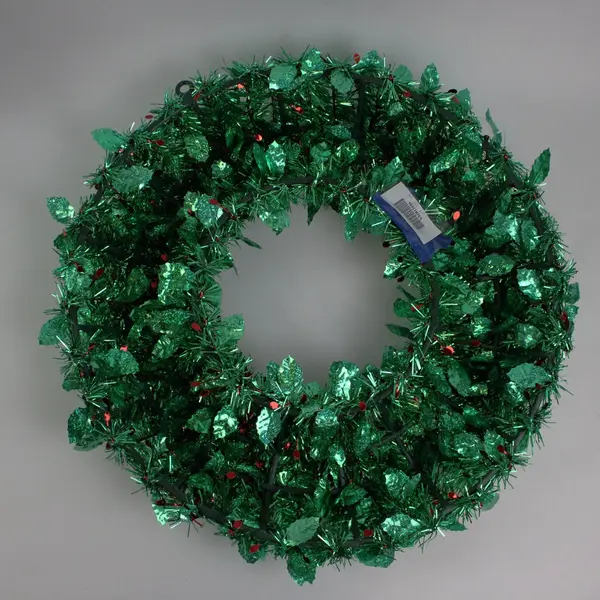 Lot of 2 Green Tinsel Tabletop Christmas Tree & Wreath Sequin Decor