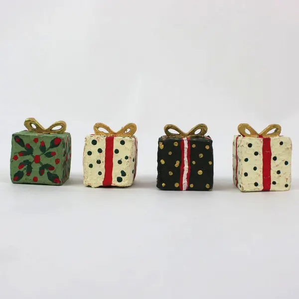 Set of 4 Miniature Christmas Gift Box Tree Figurines Holiday Decor