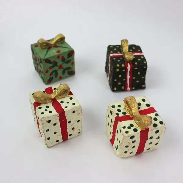 Set of 4 Miniature Christmas Gift Box Tree Figurines Holiday Decor