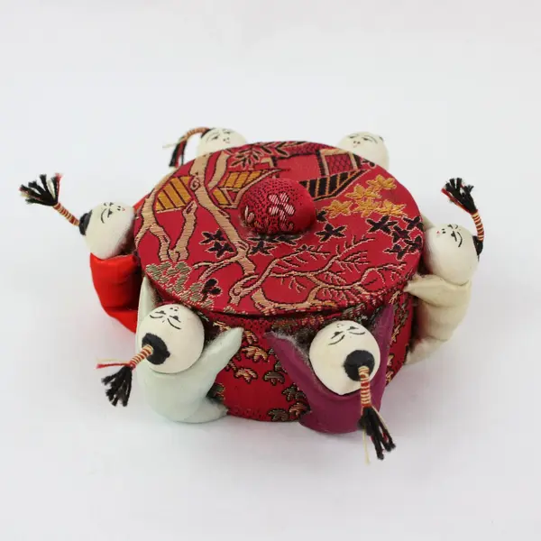 Chinese Silk Pin Cushion Red Patterned Fabric Doll Figures