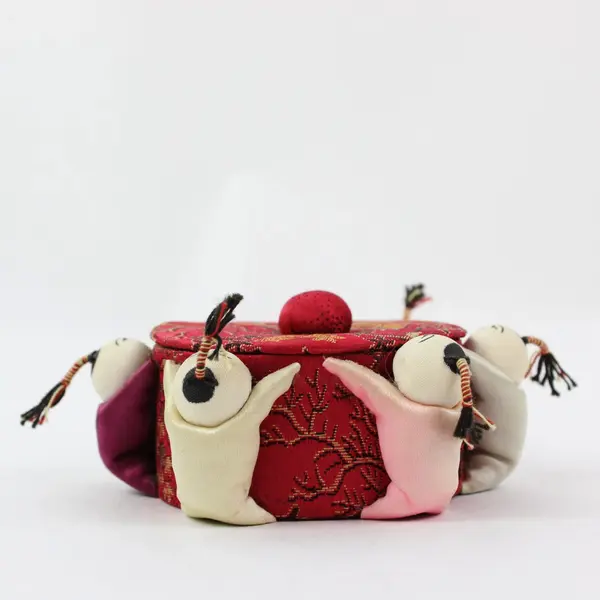 Chinese Silk Pin Cushion Red Patterned Fabric Doll Figures